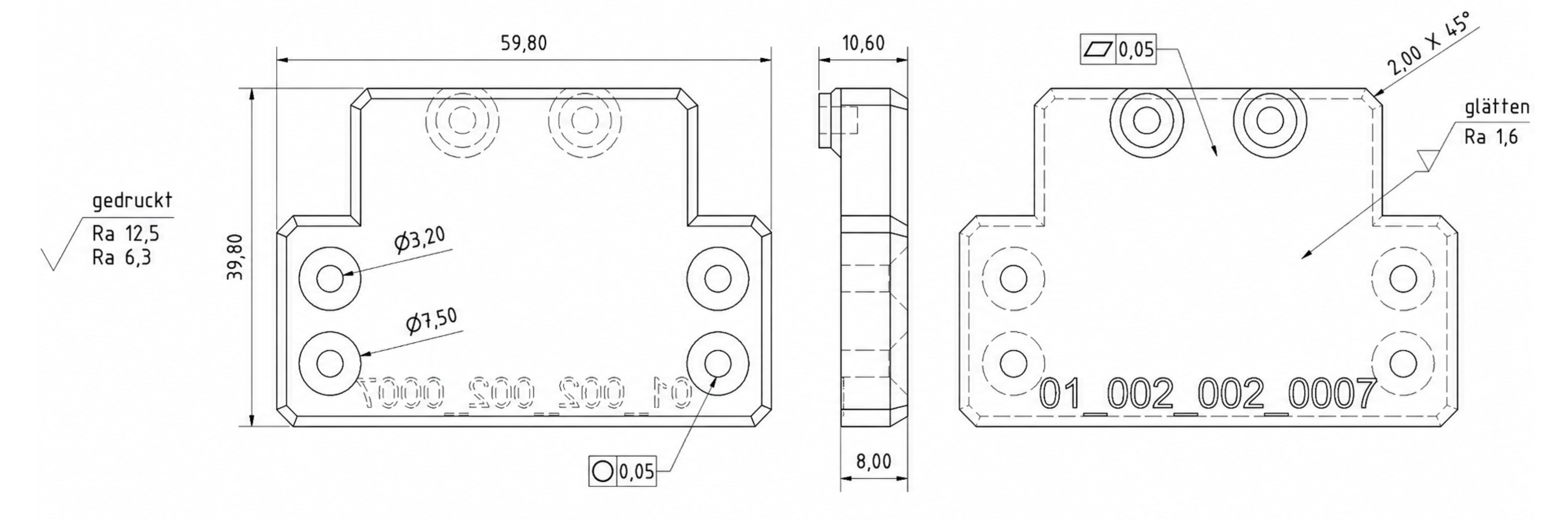 Technische Zeichnung des Referenzbauteils mit Bemaßung 59,80 × 39,80 × 10,60 mm
